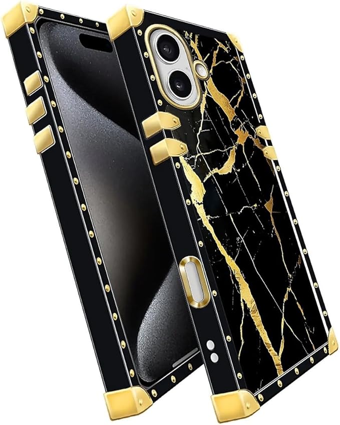 for iPhone 17 Case Luxury Golden Decoration for Girl Women Soft TPU Shockproof Protective Hard PC Back for iPhone 17 Crazy Pattern Black Gold Marble Nature