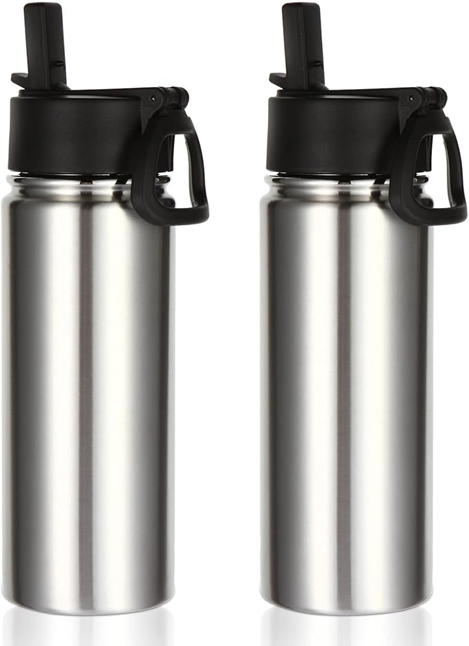 Volhoply 18oz Insulated Water Bottle Bulk 2 Pack,Kids Stainless Steel Water Bottles with Straw,Double Wall Vacuum Metal Water Bottle,Reusable Sports Water Flask For Cold Drink(Silver,2 Set)