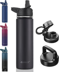 CIVAGO 22 oz Insulated Water Bottle With Straw, Stainless Steel Sports Water Flask Cup with 3 Lids (Straw, Portable Spout and Handle Lid), Double Walled Travel Thermal Canteen Mug, Black