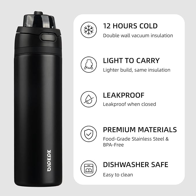 BJPKPK 25oz Insulated Water Bottle with 2-1 Straw Spout Lid, Stainless Steel Metal Water Bottles with Carry Handle, BPA Free, Leak-Proof, Fits in Car Cup Holder, Thermo for Sports,Black