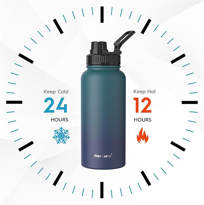 Navigate 32 oz Insulated Stainless Steel Sports Water Bottle with Spout & Handle Lids,Wide Mouth Water Jug with Double Walled Leak Proof Keep Cold for 24 Hrs Hot for 12 Hrs, Blue Gradient