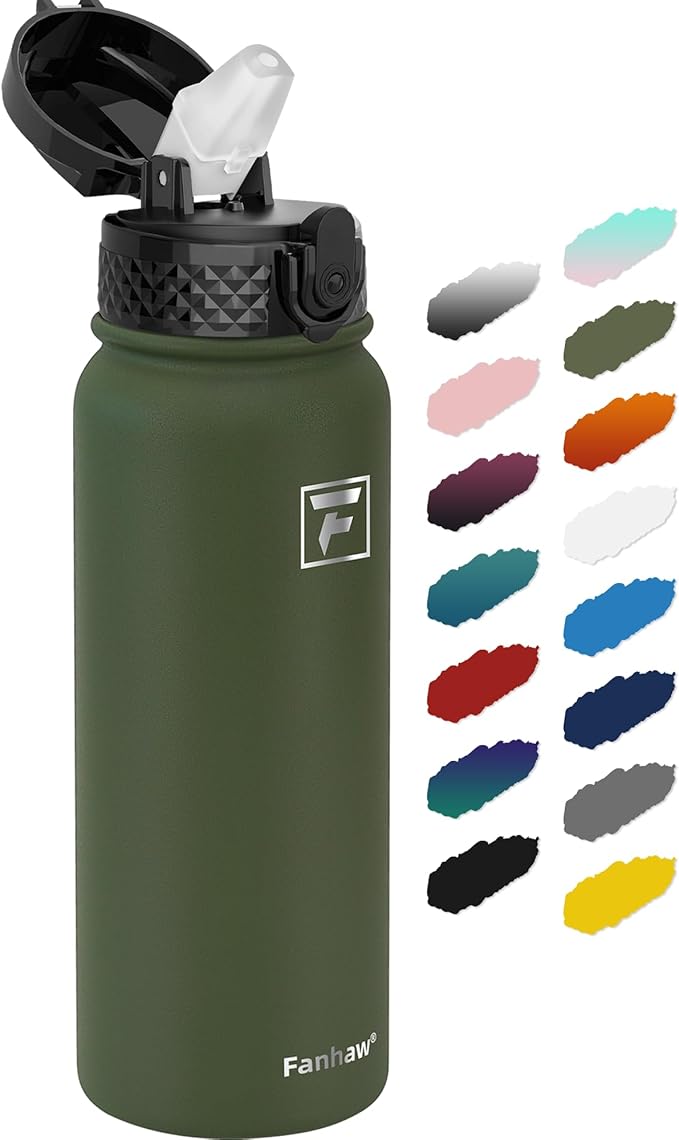 Fanhaw 20 oz Insulated Stainless Steel Water Bottle with Straw Lid, Leakproof & Anti-Dust Sports Bottle for Kids, Women & Men (Olive Green)