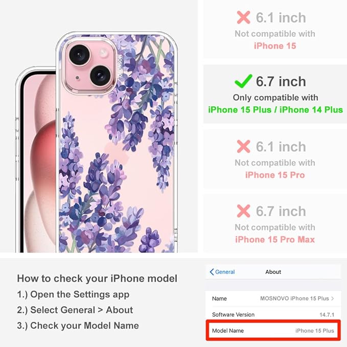 MOSNOVO Case for iPhone 15 Plus/iPhone 14 Plus, [Buffertech 6.6ft Military-Grade Drop Protection] [Anti Peel Off Tech] Clear TPU Bumper Phone Case Cover Design - Lavender