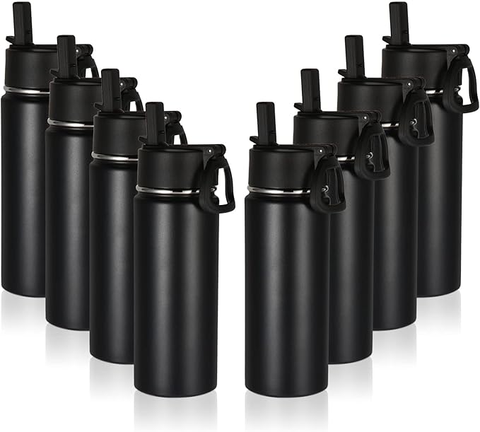 Volhoply 18oz Insulated Water Bottle Bulk 8 Pack,Kids Stainless Steel Water Bottles with Straw Lid,Wide Mouth Reusable Metal Bottle,Double Wall Vacuum Sports Flask For Cold Drink(Black,8 Set)