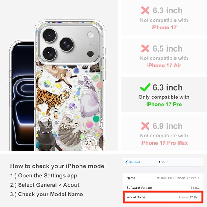 MOSNOVO for iPhone 17 Pro Case | Military Grade 6.6ft Drop Tested | Camera Control | Clear with Space Cat Design