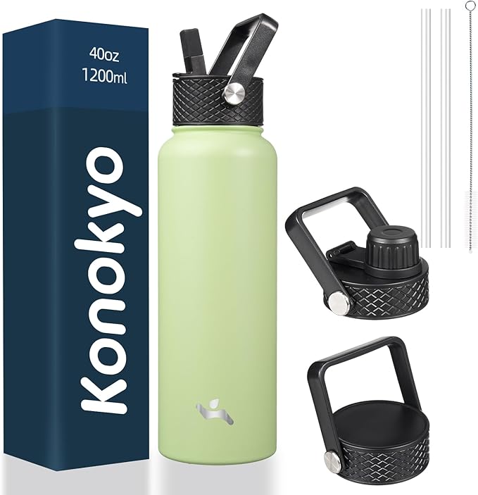 Konokyo 40oz Insulated Water Bottle Stainless Steel Sport Bottles with 3 Lids,Macaron Green