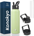 Konokyo 40oz Insulated Water Bottle Stainless Steel Sport Bottles with 3 Lids,Macaron Green