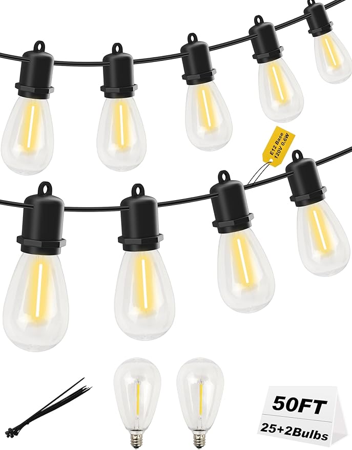 50FT LED Outdoor String Lights - 25+2 Shatterproof Edison Bulbs | Heavy-Duty Weatherproof | Vintage Bistro Lights for Backyard, Gazebo, Pergola & Outside Patio Decor (Plug in, 2700K Warm)