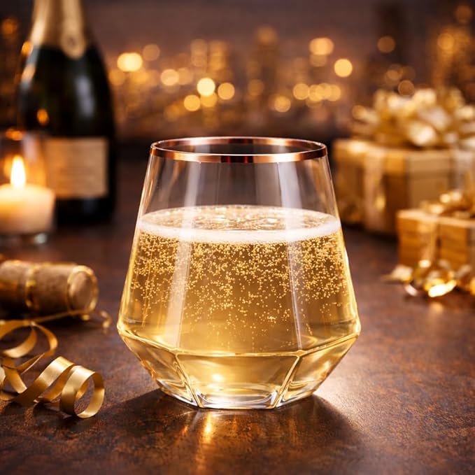 Oojami 40 Pack Diamond Stemless Plastic Wine Glasses Rose Gold Rim, 12 oz Disposable Shatterproof Cups - Unbreakable BPA-Free Recyclable for Weddings Parties Birthday Champagne Whiskey Cocktail
