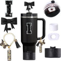 6pcs Black Stanley Cup Accessories Set, Bow Straw Topper for Stanley Cup 30oz 40oz, Including Straw Topper and Bow Silicone Boot, Stoppers Spill Proof, Handle Charm, Initials Sticker