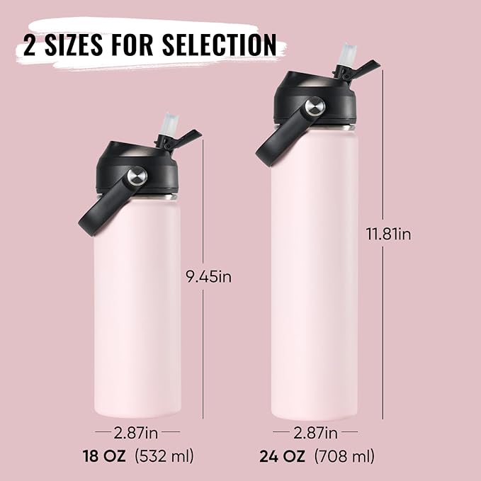 Fijinhom 24oz Insulated Stainless Steel Water Bottle, Wide Mouth Double Wall Vacuum, Silicone Straw, Sweat & Leak Proof, BPA Free Insulated Water Flask for Travel, Keep Cold 24h Hot 12h, Light Pink