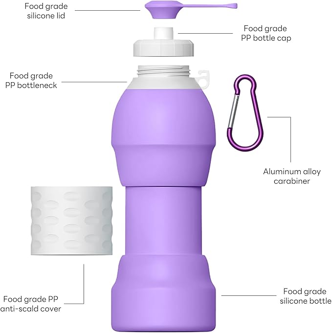 Collapsible Lightweight 20oz Water Bottle, Food-Grade Silicone BPA Free, Foldable Portable Leak Proof Office Travel Cycling Sports Outdoor Water Bottle with Vertical Hook (purple, Short nozzle)