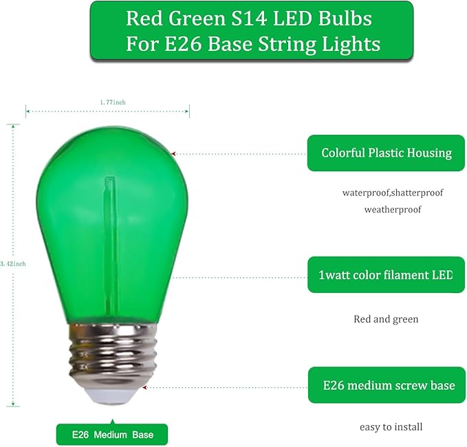 Jslinter Colored String LED Light Bulbs - 1 watt Plastic Outdoor Indoor S14 Bulbs for Christmas String Light Replacement - Shatterproof - E26 Base - 24Pack - Red/Green