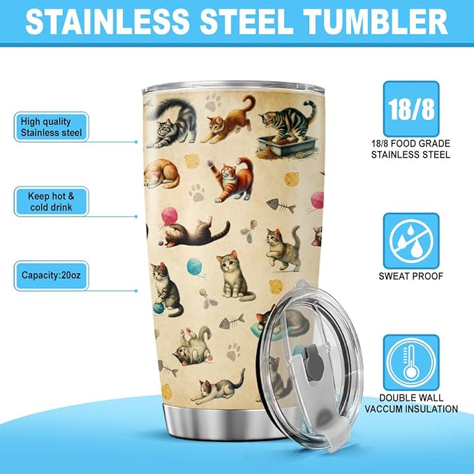 Cute Cat Pattern Travel Mug, 20oz Insulated Stainless Steel Tumbler for Cat Lovers, Double Wall Thermal Cup for Coffee, Tea, Water, and Outdoor Use