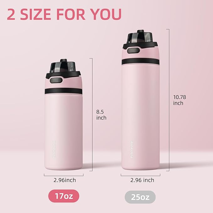 BJPKPK 17oz Insulated Water Bottle with 2-1 Straw Spout Lid, Stainless Steel Metal Water Bottles with Carry Handle, BPA Free, Leak-Proof, Fits in Car Cup Holder, Thermo for Sports,Pearl Pink