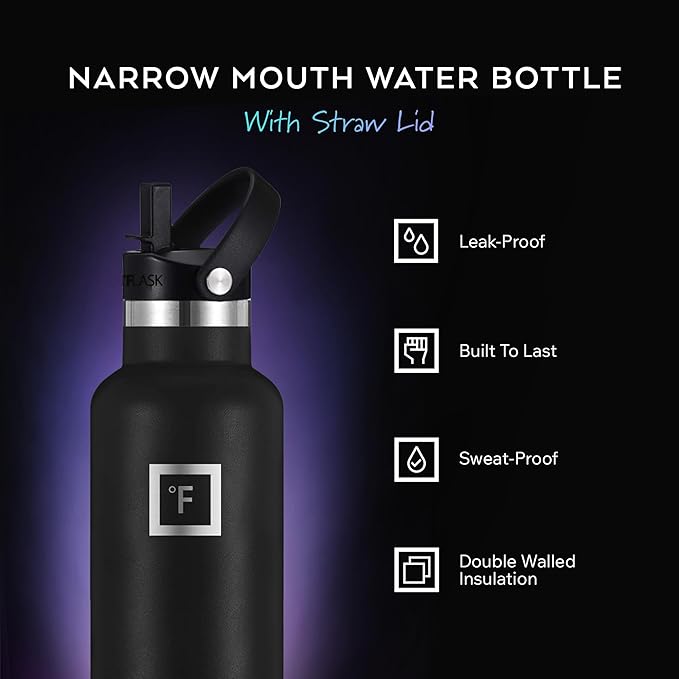 IRON °FLASK Camping & Hiking Hydration Flask with Straw, Narrow Mouth Insulated Stainless Steel Sports Water Bottle - Blue Waves 24 oz - Straw (1 Lid)