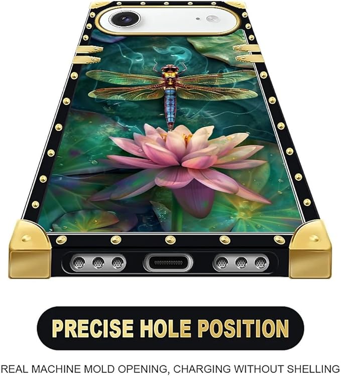 for iPhone 17 Air Case Luxury Golden Decoration for Girl Women Soft TPU Shockproof Protective Hard PC Back for iPhone 17 Air Crazy Pattern Colourful Dragonfly Pink Lily Pads