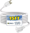 15ft Outdoor Extension Cord - 16/3 Heavy Duty SJTW Waterproof White Electrical Cable with 3 Prong Grounded Plug for Safety, Great for Lawn and Major Appliances