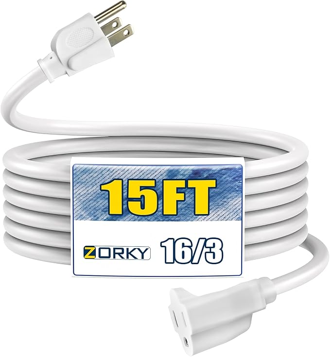 15ft Outdoor Extension Cord - 16/3 Heavy Duty SJTW Waterproof White Electrical Cable with 3 Prong Grounded Plug for Safety, Great for Lawn and Major Appliances