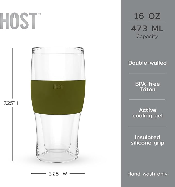 Host FREEZE Beer Cooling Cups, Frozen Beer Mugs, Freezable Pint Glass Set, Insulated Pint Glass to Keep Your Drinks Cold, Double Walled Insulated Glasses, Gift for Dad,16oz, Set of 2, Olive