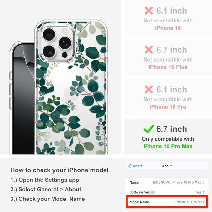 MOSNOVO Case for iPhone 16 Pro Max, [Buffertech 6.6ft Military-Grade Drop Protection] [Anti Peel Off Tech] Clear TPU Bumper Phone Case Cover Design - Eucalyptus