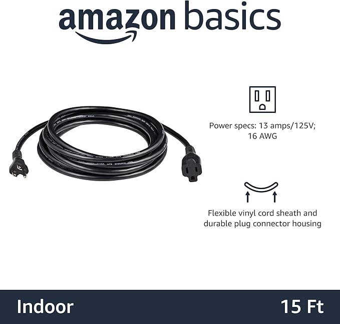 Amazon Basics Extension Cord, 15 Ft, 3-Prong Outlet Extender, Indoor, 13 Amps, 125V, Black