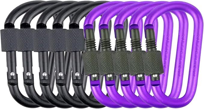 10 Pack Aluminum D Ring Key Rings Hiking Clips Locking Carabiner for Hiking Camping Fishing and Outdoor Use，Clips with Screw Gate Multicolored