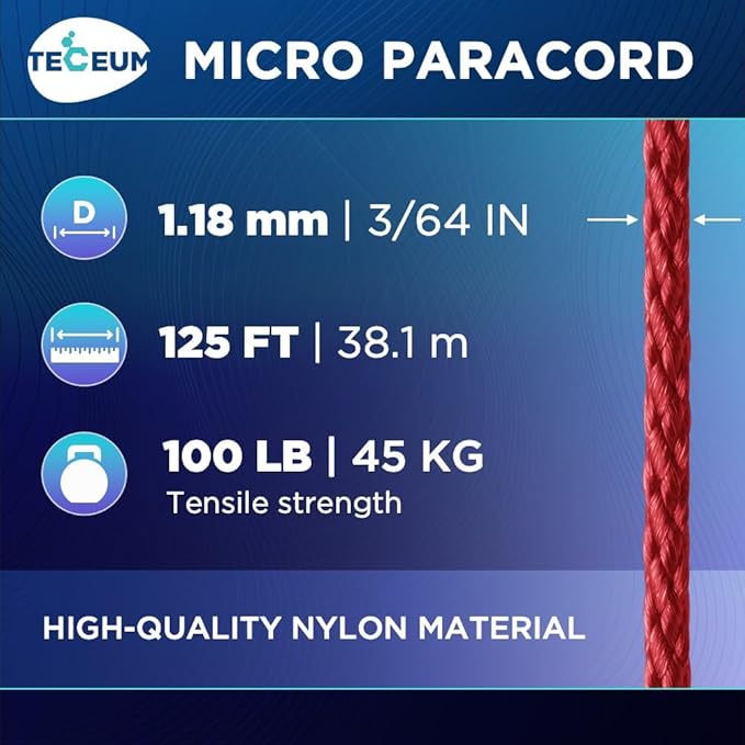 TECEUM Micro Paracord – 1.18 mm X 125 ft – Micro Utility Cord – Thin Braided Paracord Rope – Best for Crafting, DIY Projects, Fishing, Camping – Wind Chime Replacement – Survival Strong String