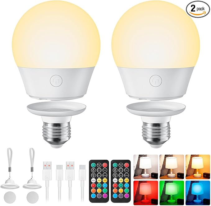 Brightown E26 Rechargeable Light Bulb with Remote and Timer, Battery Backup Bulb for Sconces and Lamps, Magnetic Bulbs for Non-Hardwired Fixture, 3 Color Temperatures + 9 RGB Colors, Dimmable, 2 Pack