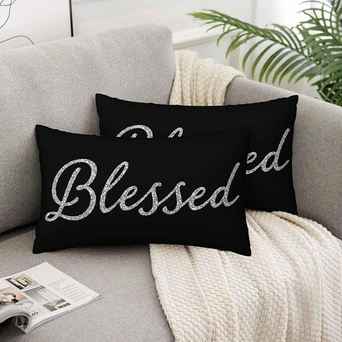 Bling Blessed White Throw Pillow Covers 12 X 20 Highlights Blessed Black Set of 2 Pillow Cases Velvet Outdoor Pillowcases Decorative for Home Bed Sofa Couch Hotel
