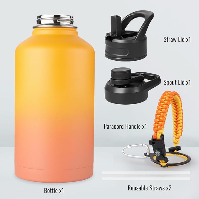 Fijinhom Gallon Water Bottle with 2 Lids (Straw & Spout), 304 Stainless Steel Water Jug with Handle and Wide Mouth, 1 Gallon Vacuum Double Walled Jug for Sports, Outdoors, Yellow&Orange 128 oz