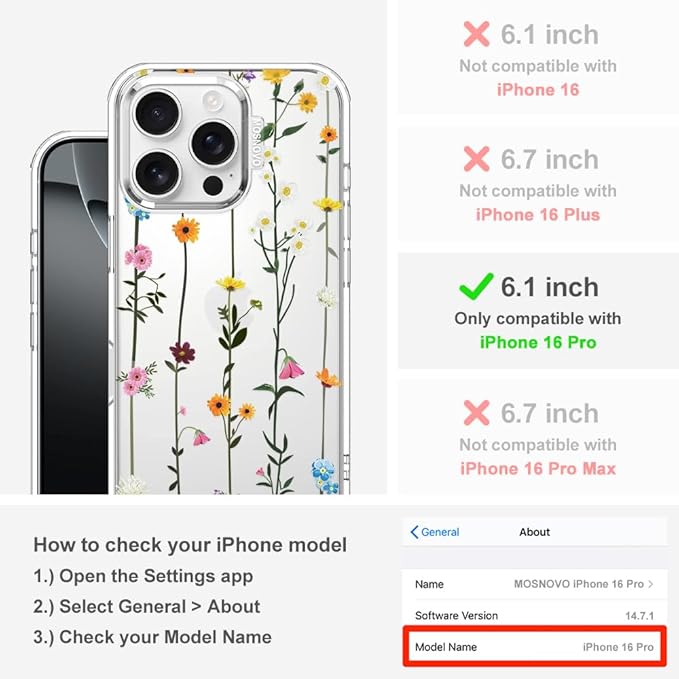 MOSNOVO Case for iPhone 16 Pro, [Buffertech 6.6ft Military-Grade Drop Protection] [Anti Peel Off Tech] Clear TPU Bumper Phone Case Cover Design - Wildflowers