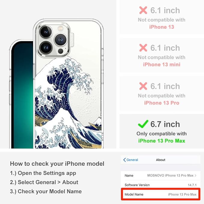 MOSNOVO Case for iPhone 13 Pro Max, [Buffertech 6.6ft Military-Grade Drop Protection] [Anti Peel Off Tech] Clear TPU Bumper Phone Case Cover Design - Great Wave