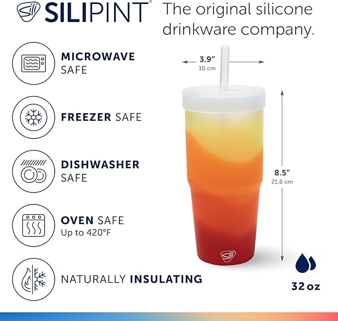 Silipint 32oz Silicone Straw Tumbler – BPA-Free, Non-Toxic, Unbreakable, Microwave, Dishwasher Safe – Perfect for Tea, Cold Water, Smoothies, Marigold - Pack of 2