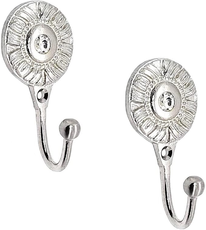FAPBADRI Multipurpose Hooks, Used to Hang Clothes, Bags, Coats, Curtain Hold Backs, Keys, Colour - Silver, Material - Brass, Round Design, Screws and Wallplugs Included, Pack of 2 Pieces