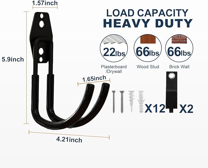 Garage Hooks Heavy Duty, 6 Pack Large Round Steel Garage Storage Hooks with Anti-Slip Coating, Multi-Purpose Ladder Hooks for Hanging Garden Tools, Hoses, Bikes and Folding Chairs (Black)