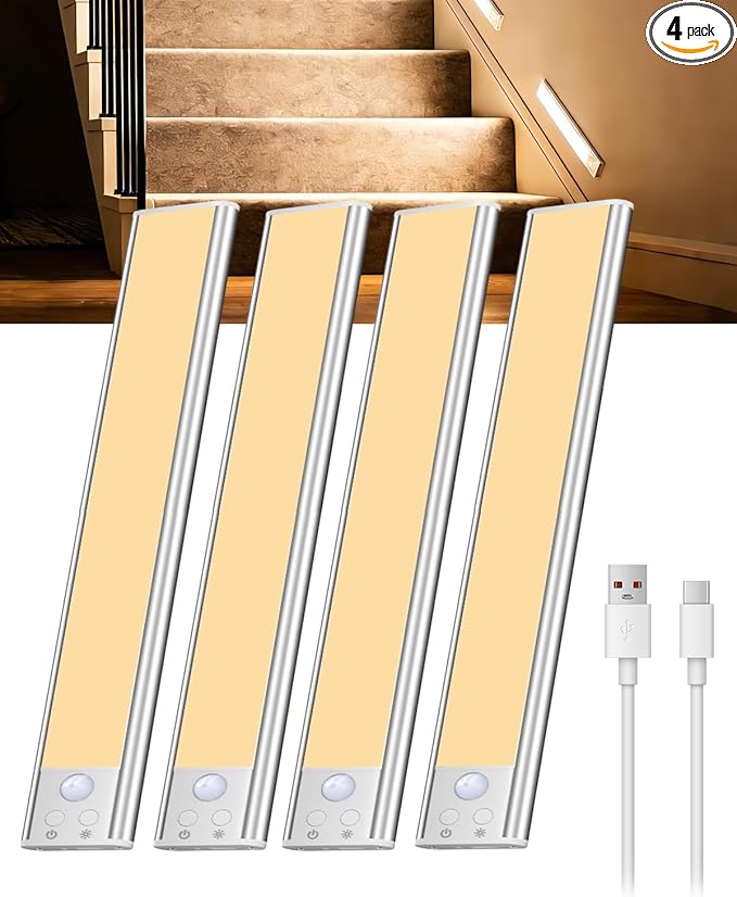 SZOKLED Motion Sensor Light Indoor, Closet Lights Rechargeable Battery Operated, Dimmable Under Cabinet Lighting for Kitchen, Stair, Wardrobe, Pantry, 4Pack (9.84inch)