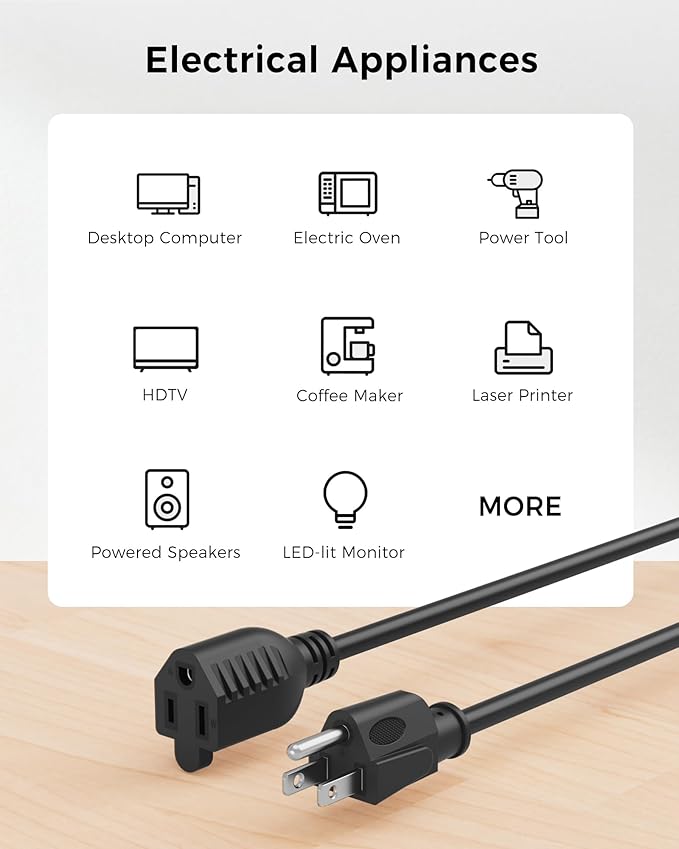 [ETL Listed] Cable Matters 2-Pack 16 AWG Heavy Duty 13A Power Extension Cord - 10ft, 3 Prong Power Cord Extension, NEMA 5-15P to NEMA 5-15R, Black
