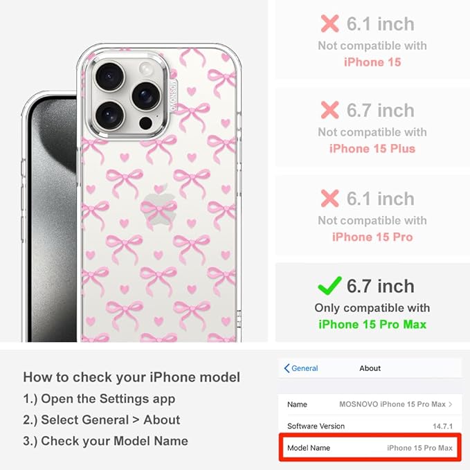 MOSNOVO Case for iPhone 15 Pro Max, [Buffertech 6.6ft Military-Grade Drop Protection] [Anti Peel Off Tech] Clear TPU Bumper Phone Case Cover Design - Bowtiful Love