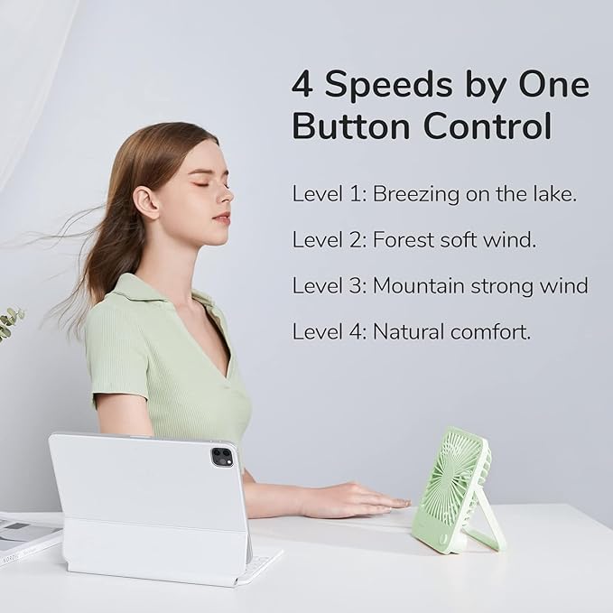 JISULIFE Desk Fan Battery Rechargeable, 4500mAh 180°Foldable Portable Personal Fan, 4 Speeds Adjustable Long Battery-life for Home Office Travel Outdoor Gifts for Women Men-Green