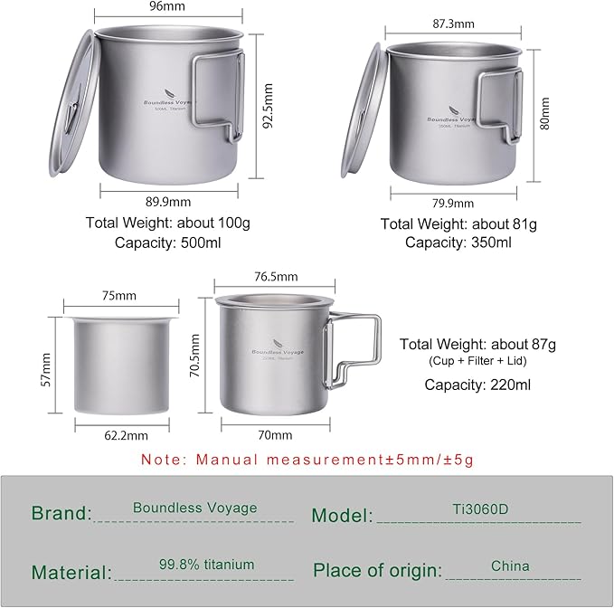 iBasingo Titanium Cup Set with Lid Foldable Handle Single-walled Camping Mug Lightweight Portable for Outdoor Drinking Drinkware US-Ti3060D