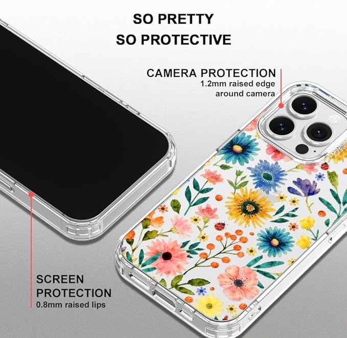 MOSNOVO for iPhone 16 Pro Case, Shockproof Military-Grade Protection 6.6ft Drop Tested, Clear Phone Case for iPhone 16 Pro, Wildflower Bloom Design