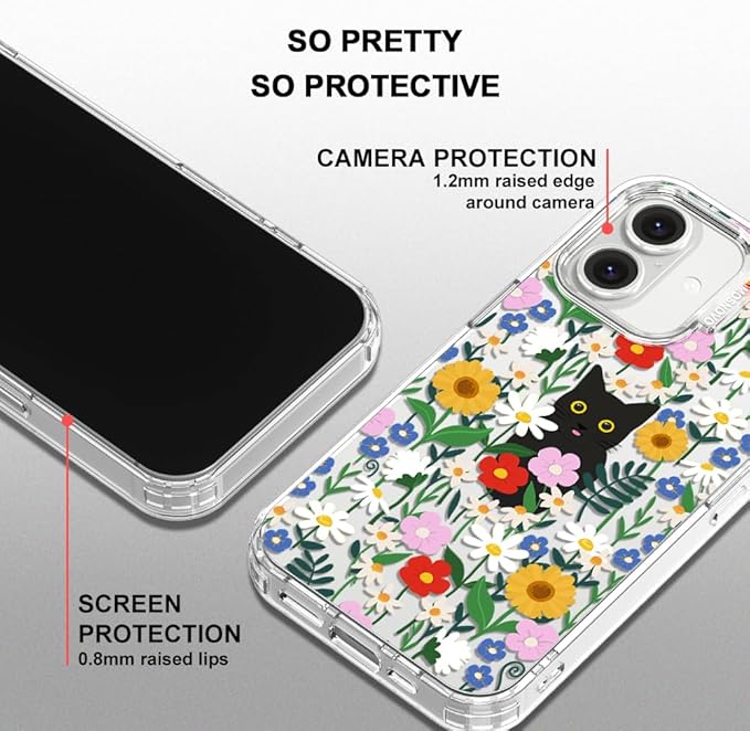 MOSNOVO Case for iPhone 16, [Buffertech 6.6ft Military-Grade Drop Protection] [Anti Peel Off Tech] Clear TPU Bumper Phone Case Cover Design - Black Cat in Garden