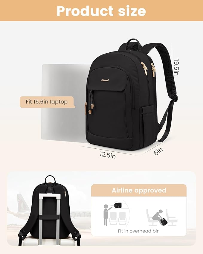 LOVEVOOK Laptop Backpack for Women, 15.6 inch Waterproof College Backpack Woman with Laptop Compartment Computer Bag Travel Backpack Purse, Large Black Computer Daypack for Work Casual, Black