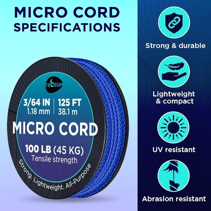 TECEUM Micro Paracord – 1.18 mm X 125 ft – Micro Utility Cord – Thin Braided Paracord Rope – Best for Crafting, DIY Projects, Fishing, Camping – Wind Chime Replacement – Survival Strong String