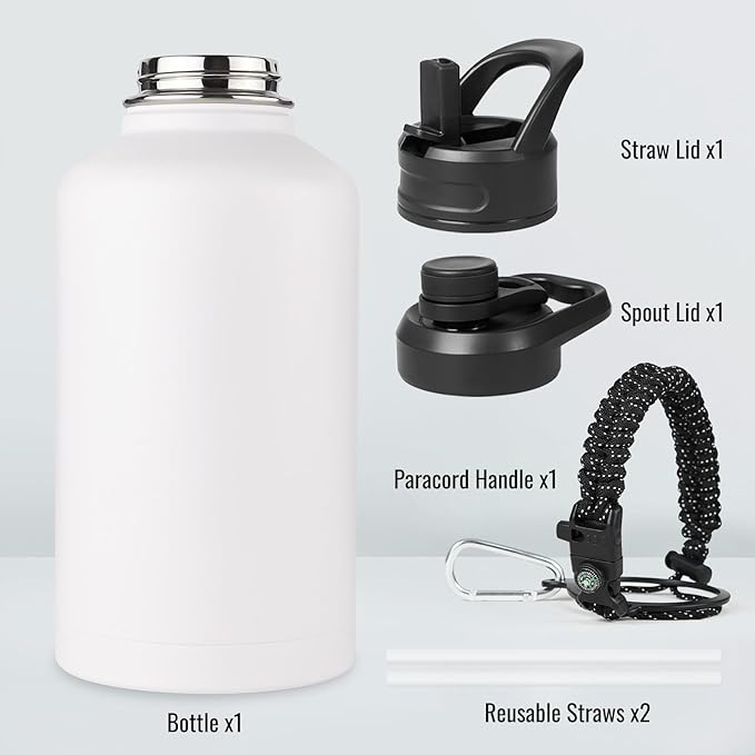 Fijinhom Gallon Water Bottle with 2 Lids (Straw & Spout), 304 Stainless Steel Water Jug with Handle and Wide Mouth, 1 Gallon Vacuum Double Walled Jug for Sports, Outdoors, Leak-Proof, White 128 oz