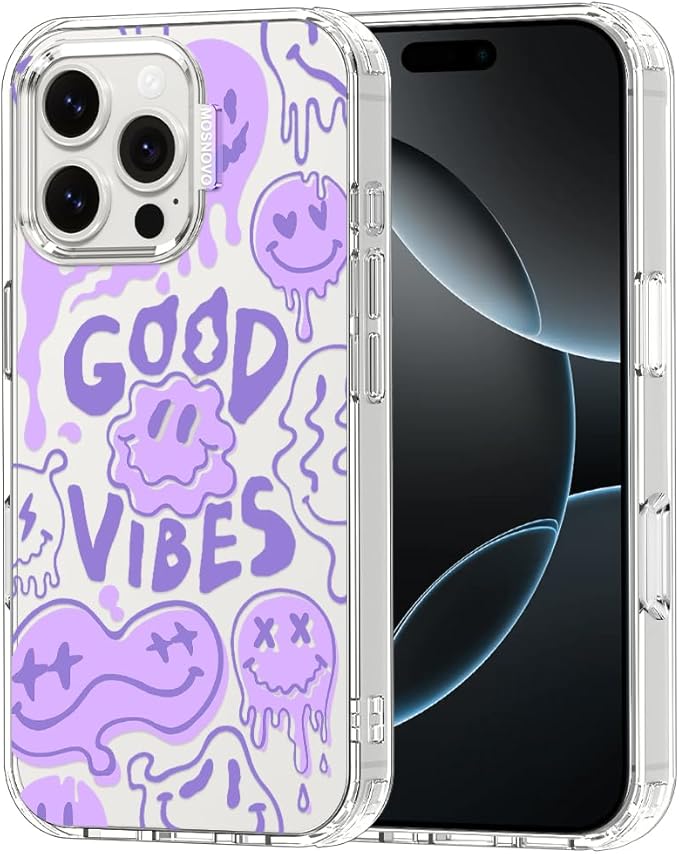 MOSNOVO Case for iPhone 16 Pro Max, [Buffertech 6.6ft Military-Grade Drop Protection] [Anti Peel Off Tech] Clear TPU Bumper Phone Case Cover Design - Good Vibes