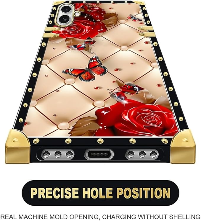 for iPhone 17 Case Luxury Golden Decoration for Girl Women Soft TPU Shockproof Protective Hard PC Back for iPhone 17 Crazy Pattern Shining Red Rose Butterfly Leather Background