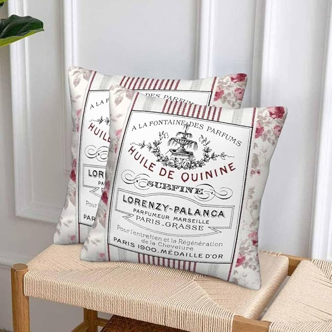 Huile De Quinine Vintage French 18 X 18 Pillow Covers Elegance Fountain Pink Rose Wreath Floral Striped Set of 2 Pillow Cases Square Outdoor Pillowcases Decorative Home Bed Sofa Couch Hotel