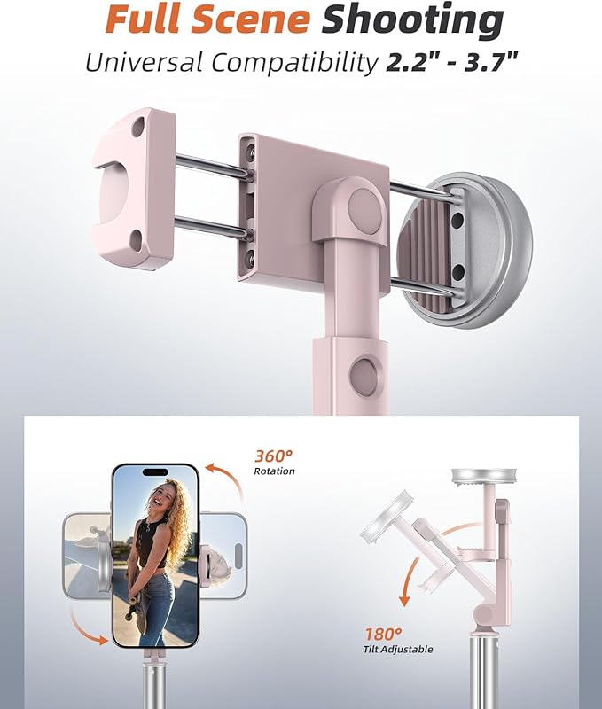 Vimose Phone Tripod & Selfie Stick with Remote, Portable, Lightweight for Video Recording Vlog, Extendable Travel Tripod Stand Compatible with iPhone Android, Pink, 62"
